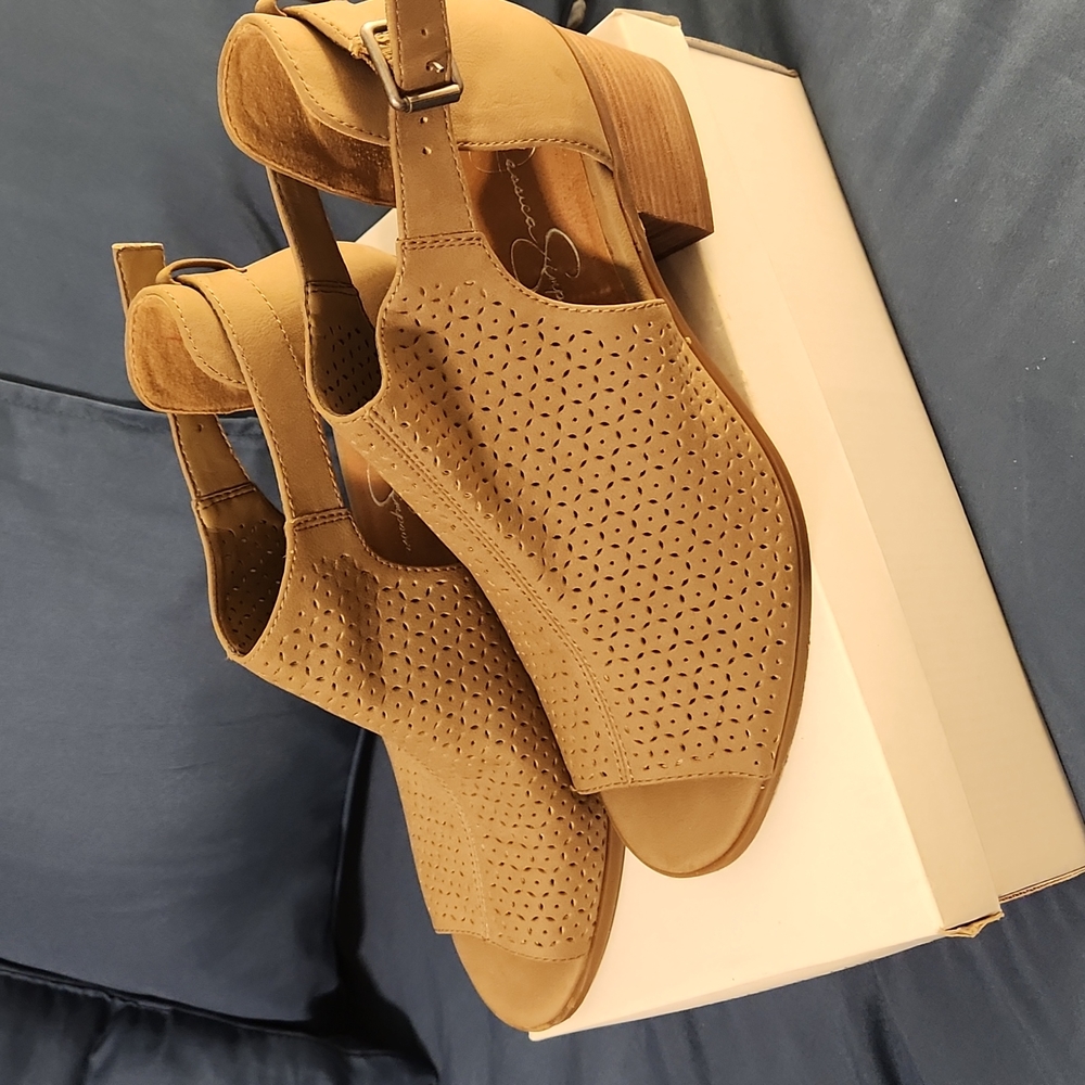 Jessica Simpson size 8.5, tan peep toe sandals.